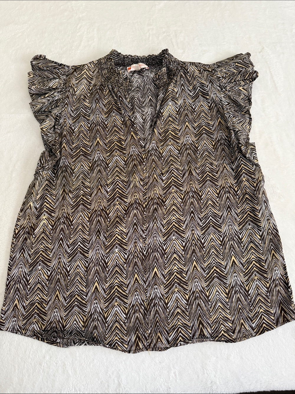 Jude Connally Black & Gold Chevron Ruffle Sleeve Blouse